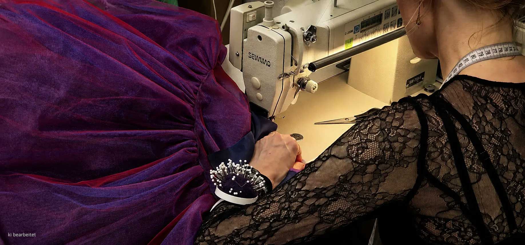 AI-edited photograph: a tailor working on a purple evening dress at ÄTELIER Berlin