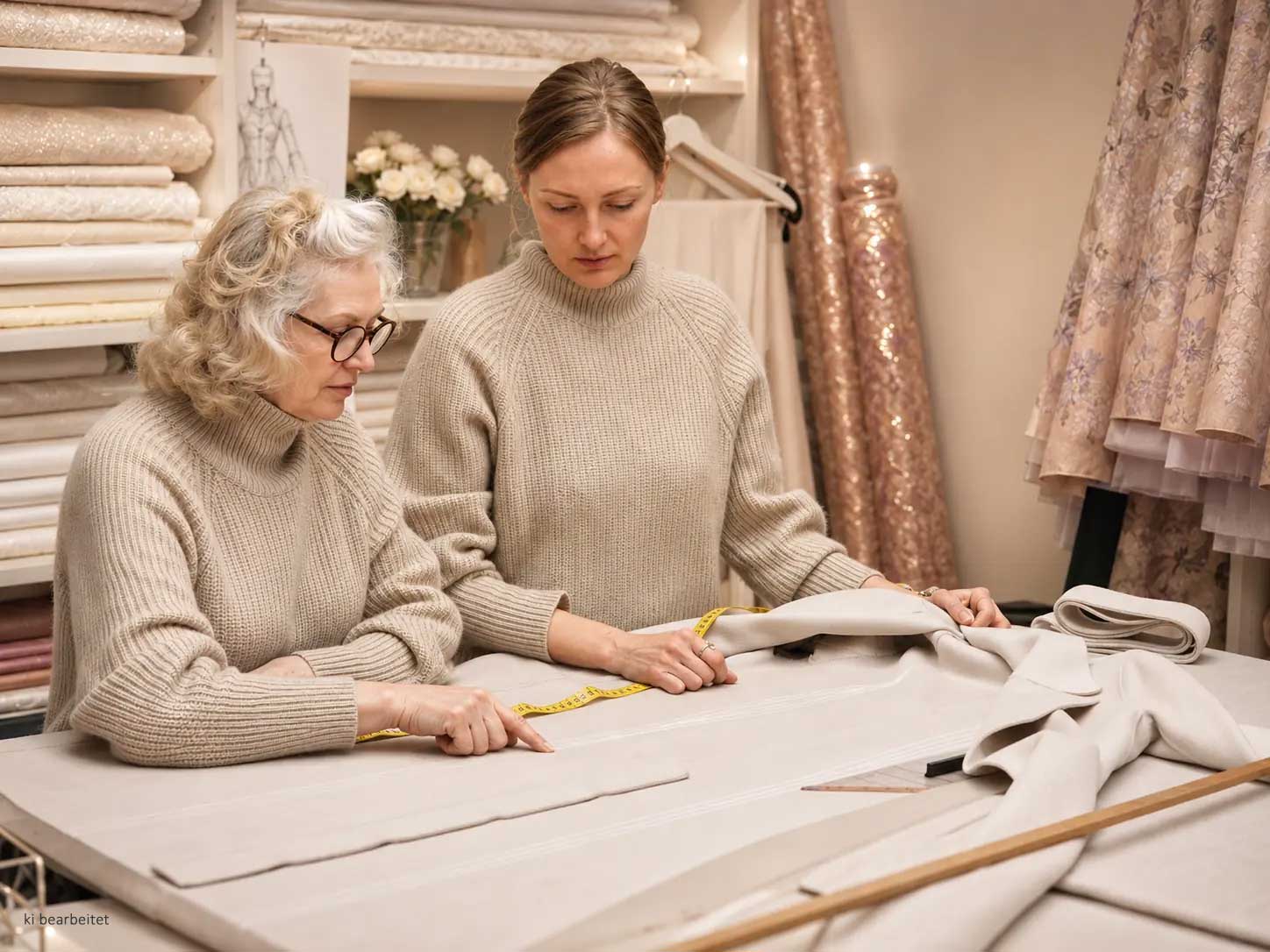 AI-edited photograph: an in-person fitting with measuring tape, fabric and pattern pieces at ÄTELIER Berlin